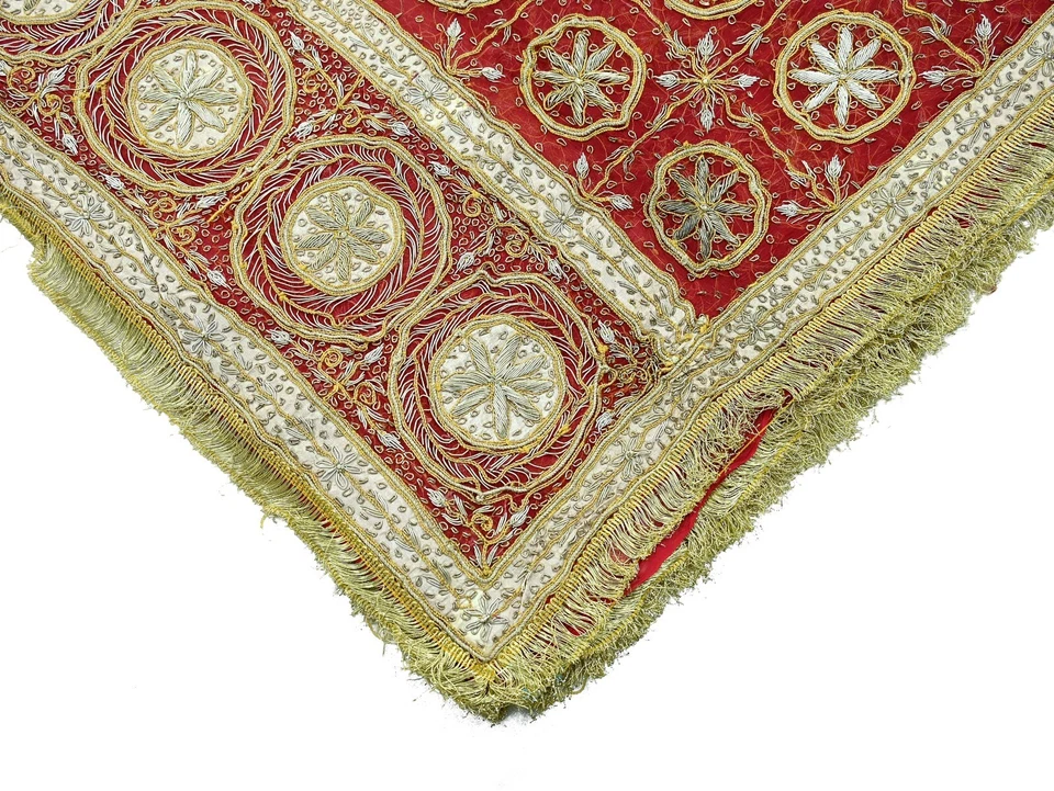 Vintage Heavy Bridal Red Dupatta Pure Chiffon Silk Long Stole Hand Embroidered - Image 4 of 4