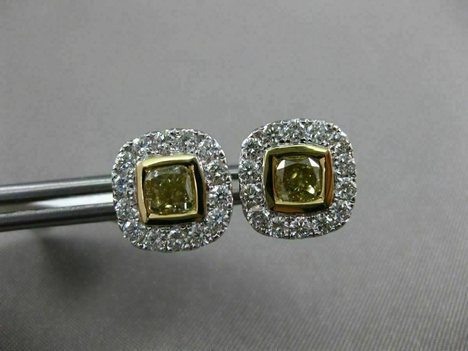 ESTADO 1.30CT BLANCO Y ELEGANTE DIAMANTE AMARILLO 18KT ORO DOS TONOS CLÁSICO HALO TACHUELA Foto 3 de 4