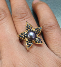 Natural Blue Sapphire FLORAL Ring 925 Silver Black Rhodium Gold Plated Jewelry