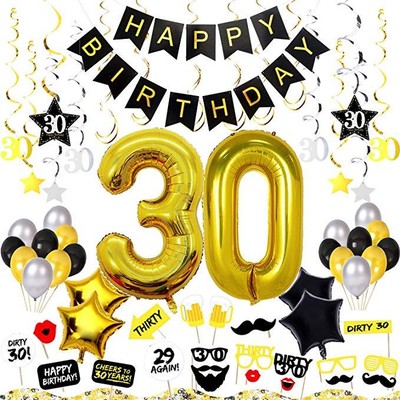 30th Birthday Decorations Black Gold Photo Props Party Supplies