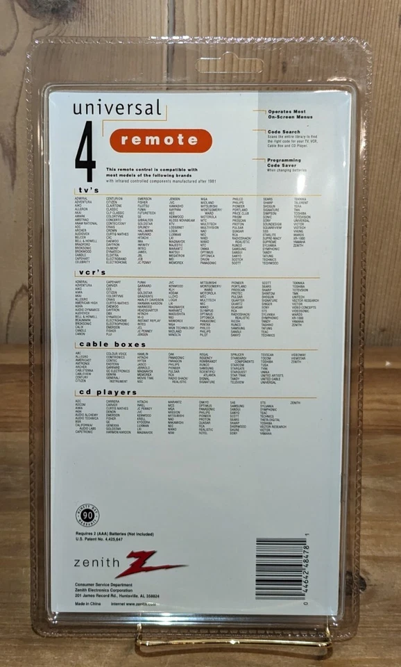 Zenith Universal Remote Control ZEN450A EIA343 SK32-001 TV/VCR/Cable/CD Player - Image 2 of 2