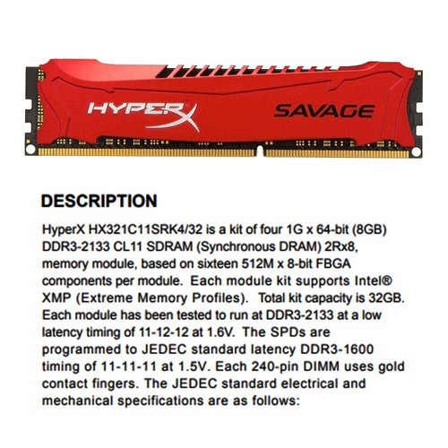 Kingston HyperX SAVAGE 32GB Kit 4x 8GB DDR3 2133MHz HX321C11SRK4/32 PC Memory BT - Picture 5 of 6