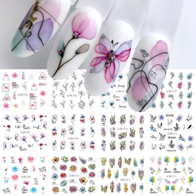 12 x Blatt Nail Art Sticker Blumen Deko Wasser Aufkleber Transfer Floral