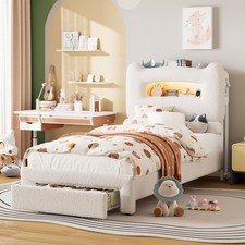 Twin Size LED Upholstered Bed Frame Platform Kids w/Storage Headboard Drawers