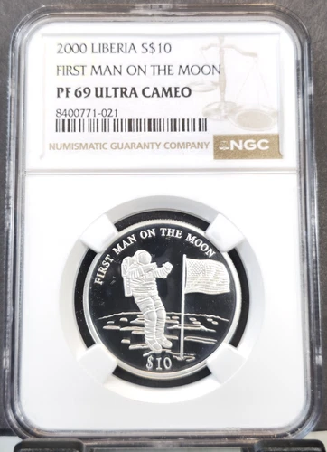 2000 LIBERIA SILVER 10 DOLLARS 1ST MAN ON THE MOON NGC PF 69 ULTRA CAMEO TOP POP