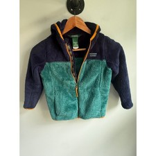 LL Bean Kids Hi-Pile Fleece Hooded Jacket Navy Teal Colorblock Zip Up Size M 5-6