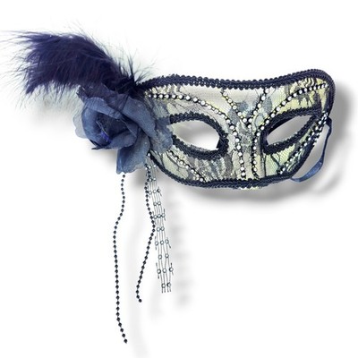 Masquerade Ball Venetian Mask Rhinestones Feather Black Rose Lace Drop-Beads