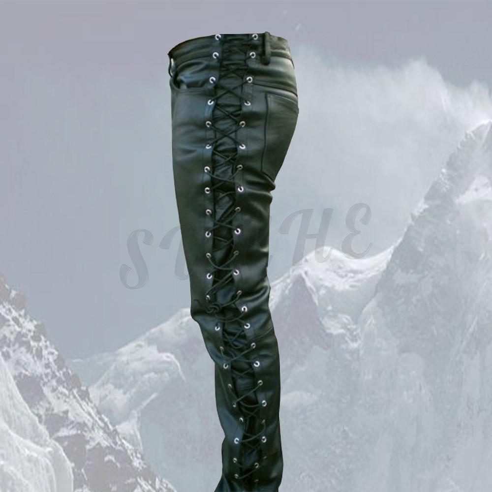 Pantalones de mezclilla con cordones laterales completos para hombre de cuero negro genuino cinco bolsillos