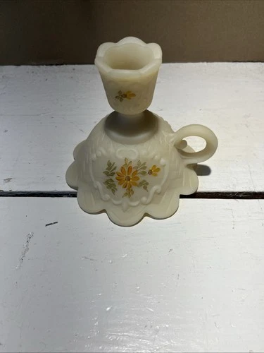 Fenton Basketweave Floral Hand Painted/ Signed Chamber Candlestick Holder