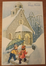 11B CARTOLINA BUON NATALE-  BIMBI SOTTO L'OMBRELLO CHE VANNO ALLA MESSA