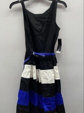 Tiana B Women's Black Royal Blue White Striped Sleeveless Belted Dress Sz 6 NWT
