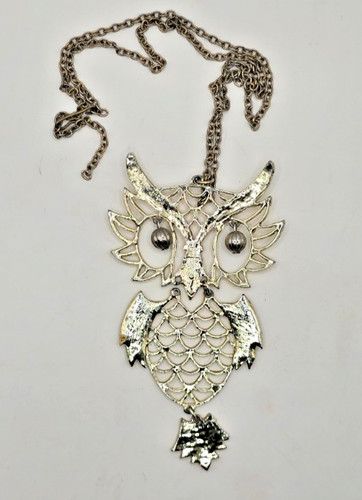 Owl Pendent Articulating Bead Googly Eyes Boho MCM Gold Tone Chain Filigree