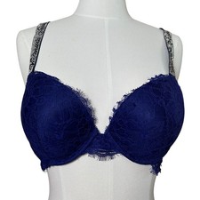 Victoria's Secret Push-Up Bra Navy Blue Lace Rhinestone Straps