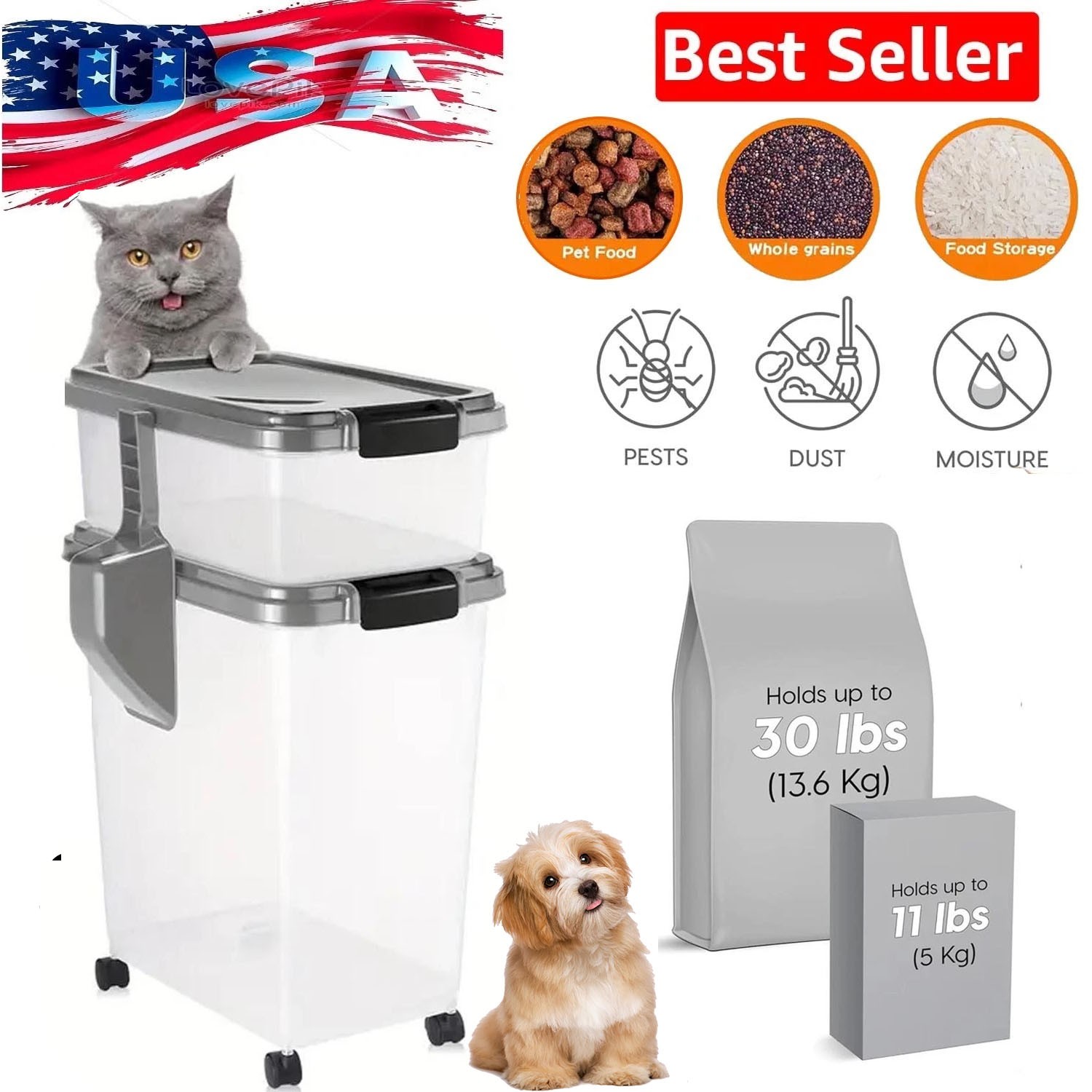 Storage Container, 30 Lbs & 11 Lbs Combo, Cat Food Storage Containe Us