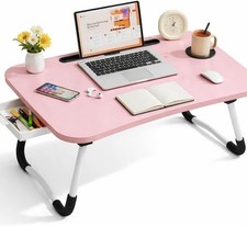 Foldable Laptop Table With Drawer - MDF Wood Desk With Cup Holder, Tablet Slot