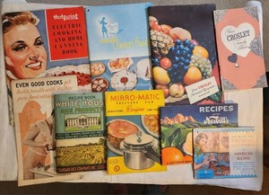 9 Vintage Soft-cover Cookbooks; Hotpoint, Tapping, Crowley, Watkins, Mirro-Matic