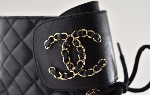 Chanel 21A Black Quilted Gold CC Chain Combat Lace Up Tie Ankle Short Boots 37 - Picture 9 of 9