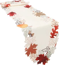 Linen Textured Fall Halloween Table Runner 70 Inches Long, Cutwork Applique Embr