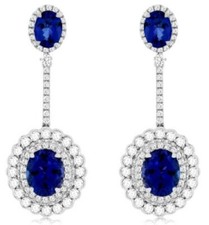 ESTATE 11.25CT DIAMOND & AAA TANZANITE 14K WHITE GOLD OVAL HALO HANGING EARRINGS