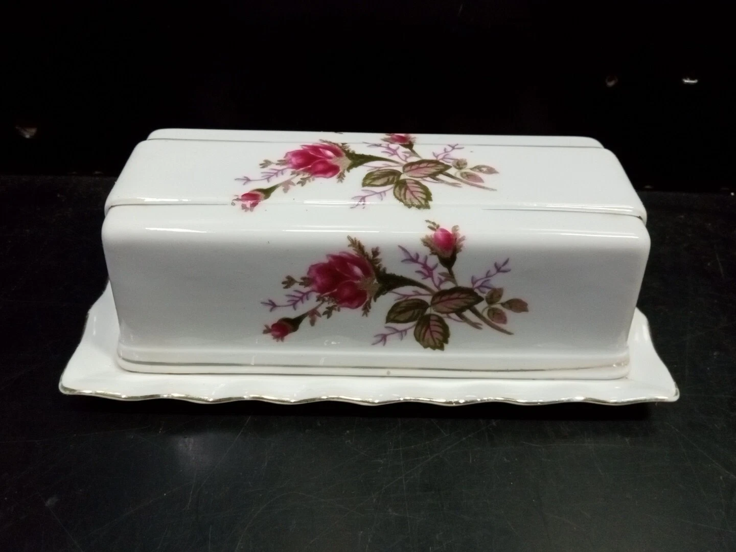 Victorian Moss Rose Floral Porcelain China 1/4lb Covered Butter Dish