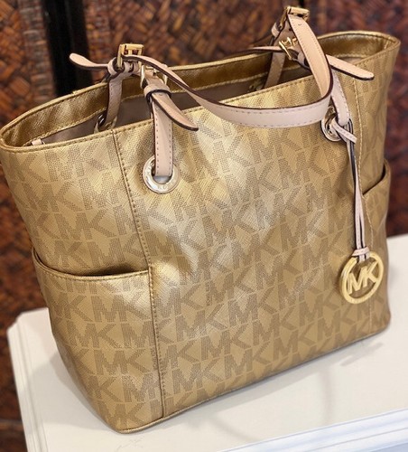 Michael Kors Gold Metallic Jet Set East West Signature Tote Shoulder Bag Purse