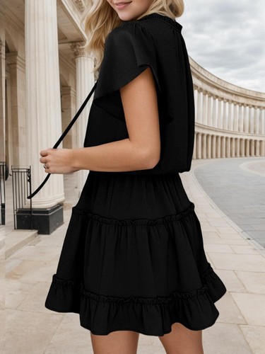 Women's Short Sleeve V Neck Ruffle Chiffon Elegant Mini Dresses - Picture 3 of 14