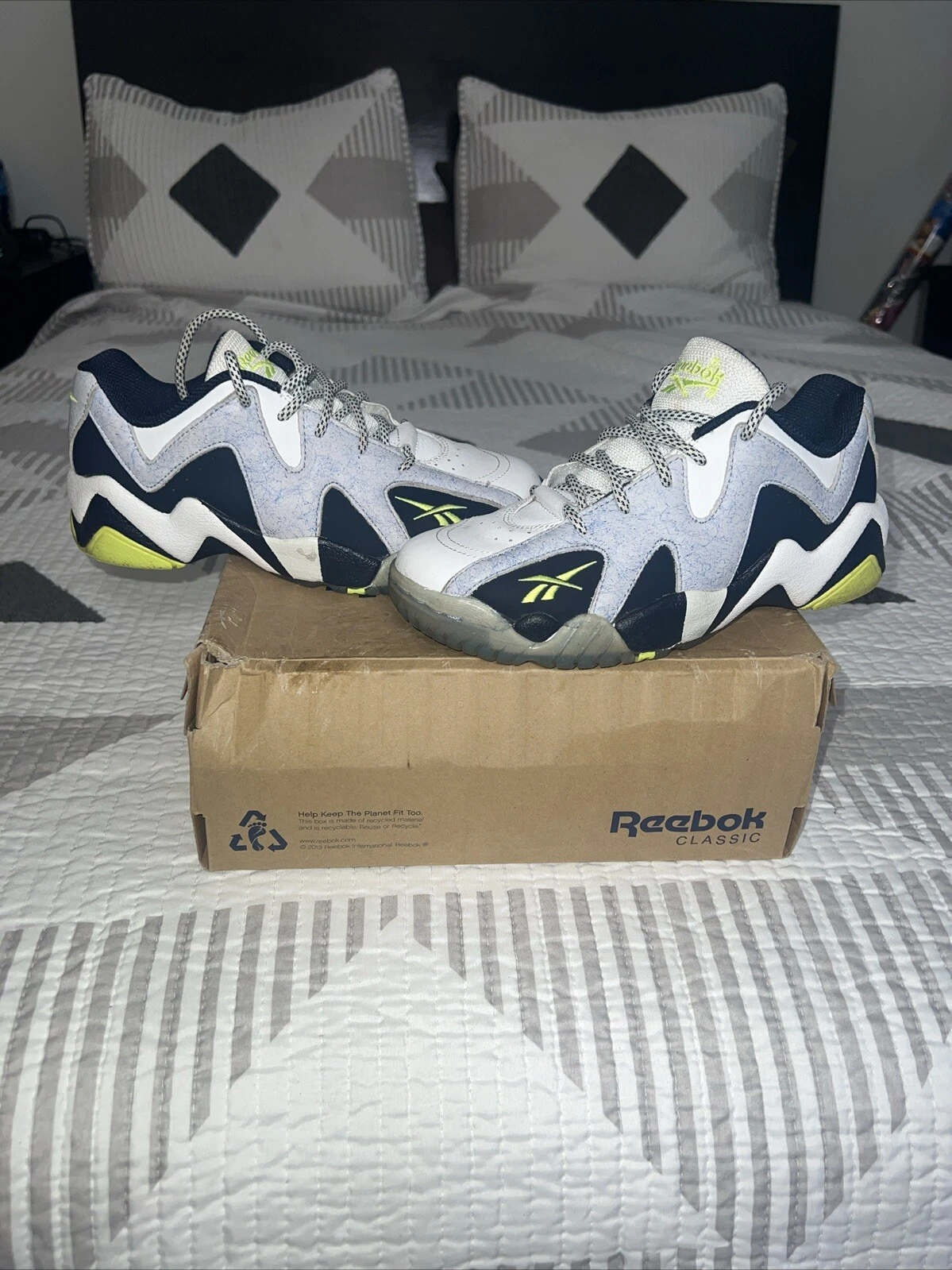 Reebok Kamikaze II Low Wht Stl Nvy Yllw Ice Kids taglia 4