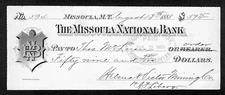 1888 Missoula National Bank Montana Territory Check Helena & Victor Mining #594