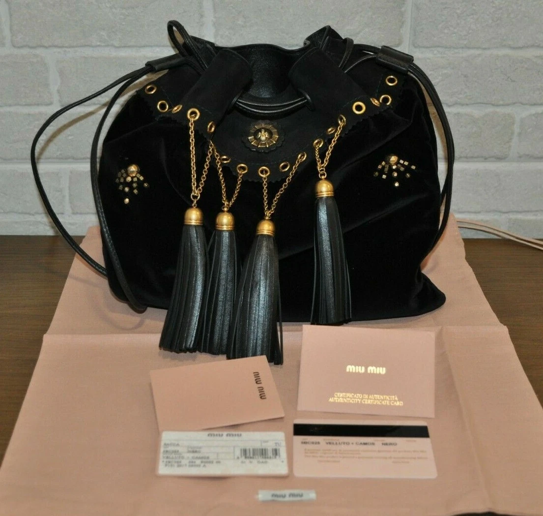 Authentic New Miu Miu Black Velvet Tassel Chain Hobo Bag