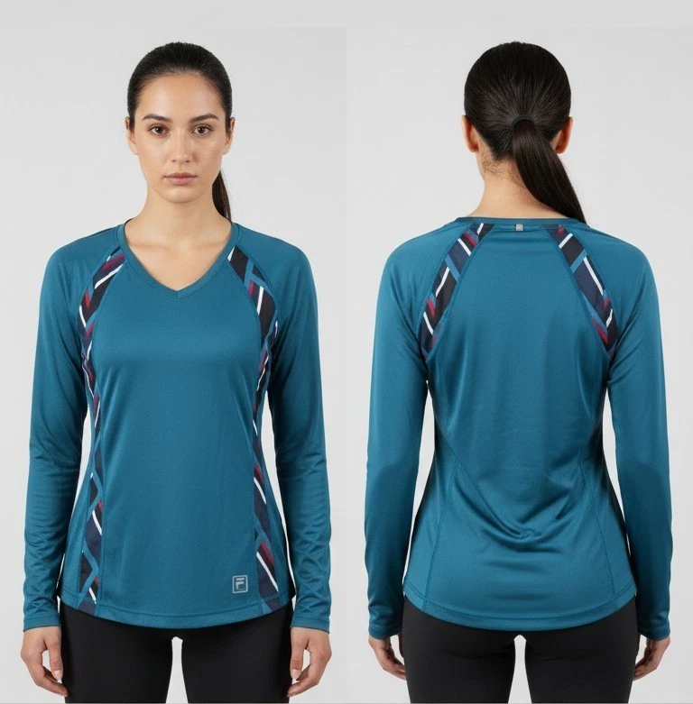 FILA Sport Women's XS Teal Long Sleeve V-Neck Athletic Top Shirt Wicking Stretch