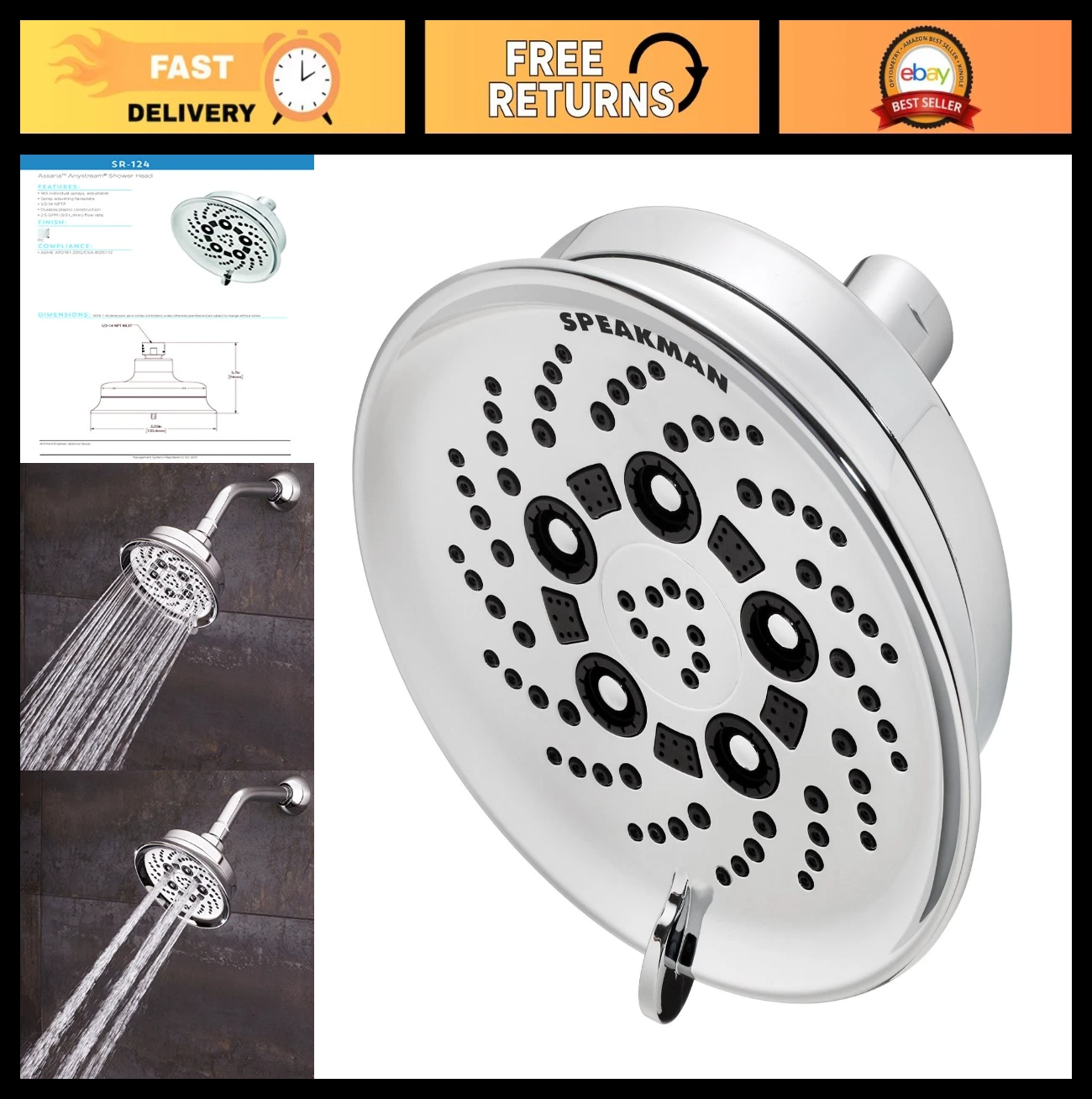 Multi-Function Anystream Shower Head - Polished Chrome, Adjustable Spray Setting