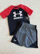 Under Armour Two-Piece Baseball Outfit Shirt Top Shorts Red Black Gray Boys 6