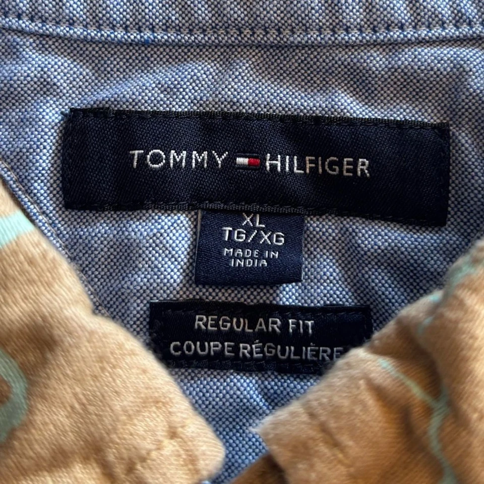 Tommy Hilfiger 夏威夷衬衫男式 XL 亚麻纽扣花卉棕褐色蓝色 — 第 4/4 张图片