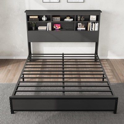 Queen Bed Frame w/ 2-Tier Bookcase Headboard, Platform Bed Under-Bed Storage
