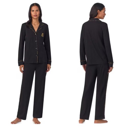 Pigiama Lauren Ralph Lauren nero in maglia set stampa leopardata orlo donna medio - Foto 2 di 4