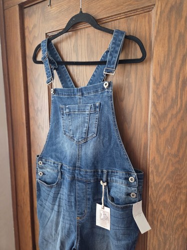 Jessica Simpson large Denim Overalls Frayed hem open back - Picture 3 of 14