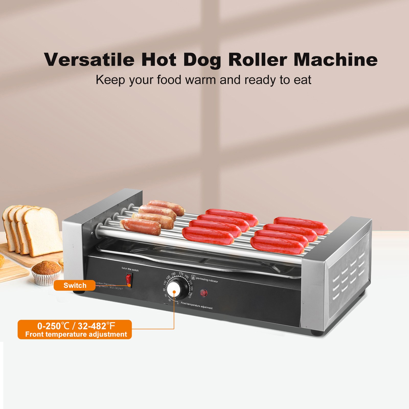Commercial Electric 12 Hot Dog 5 Roller Grill Cooker Machine W/Bun Warmer 850W