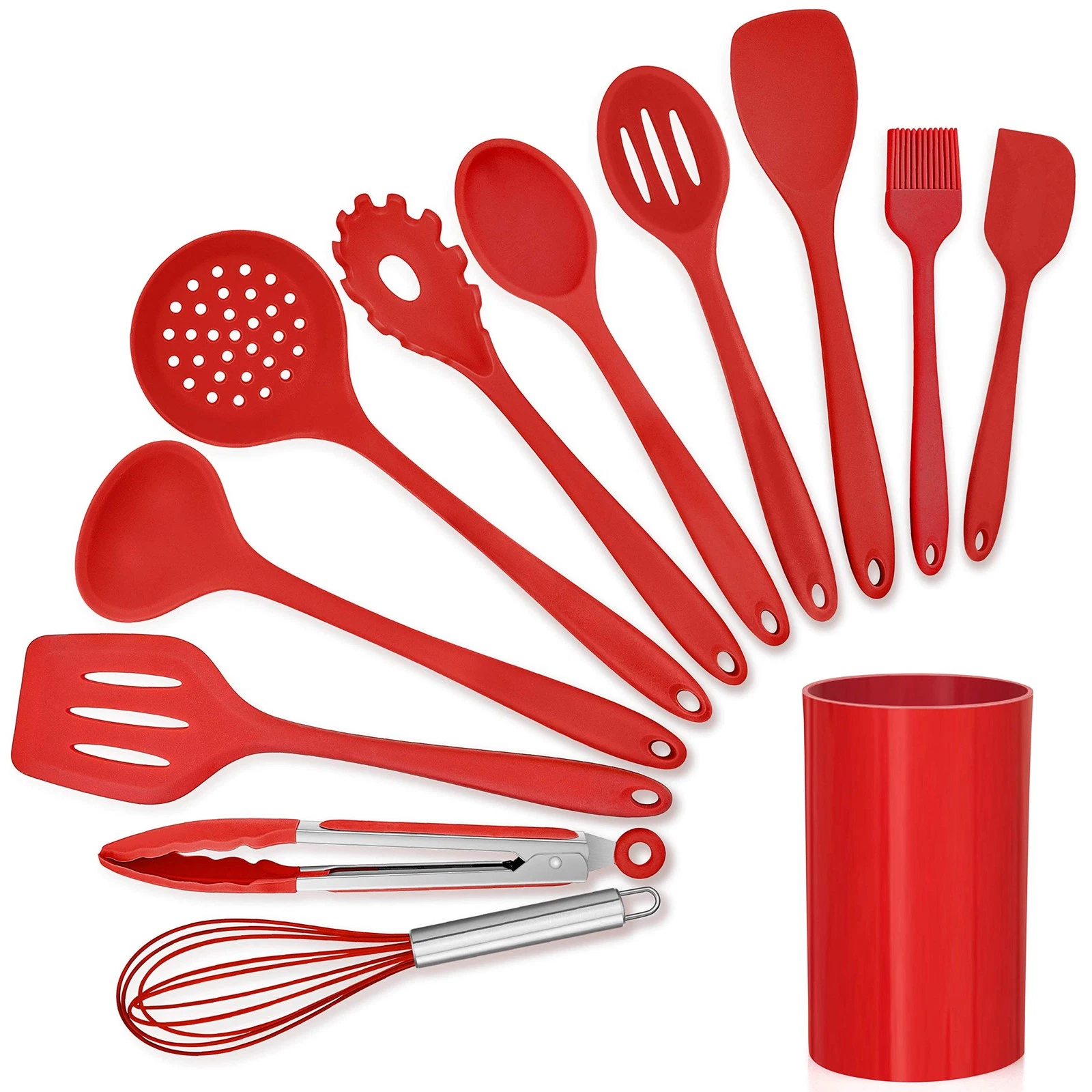 12-Piece Red Silicone Kitchen Cooking Utensils with Holder, Kitchen Tools Set...