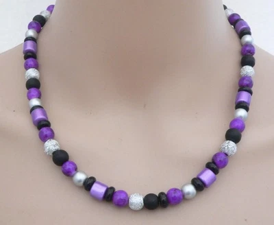 Halskette Perlen Glas Miracle Lila Violett Aubergine silber schwarz Glitzer 498b - Bild 1 von 4