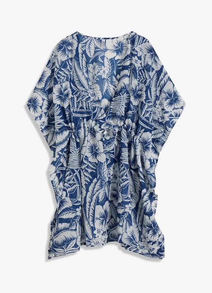 Damen Strandtunika Transparent Blau Weiß Floral V-Ausschnitt Kaftan Sommer Kleid - Bild 3 von 3