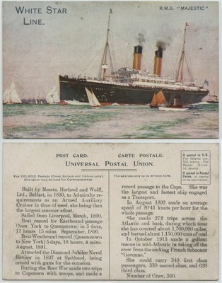White Star Line RMS Majestic Color Postcard with interesting printed text