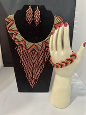 Huichol Wixarike Mexican Handmade Jewelry necklace, bracelet and earrings