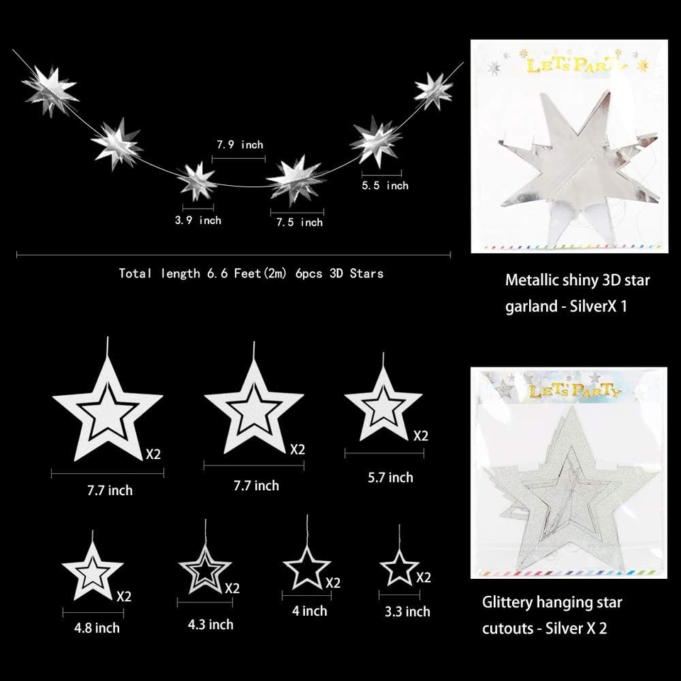 Stra Paper Glitter Silver Star Garlands Kit Metallic 3D Star Hanging Paper Garland ...