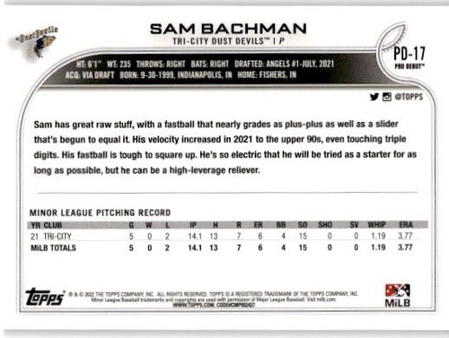 SAM BACHMAN 2022 Topps Pro Debut #PD-17 Tri-City Dust Devils - Picture 2 of 2