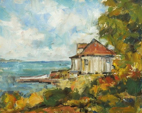 Art Orig. Oil Painting RM Mortensen "Lake Side" Seascape Ocean Bay