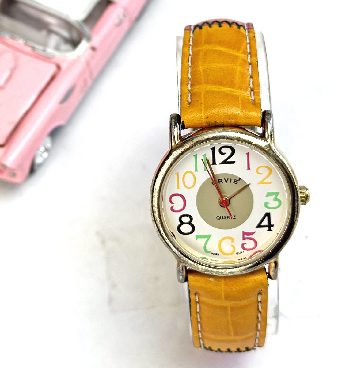Orvis White Dial Gold Tone Round Leather Stiched Band Watch  display picture 2