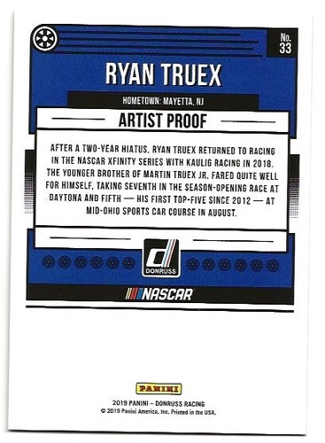 Ryan Truex 2019 Panini Donruss NASCAR Artist Proof /25 - Picture 2 of 2