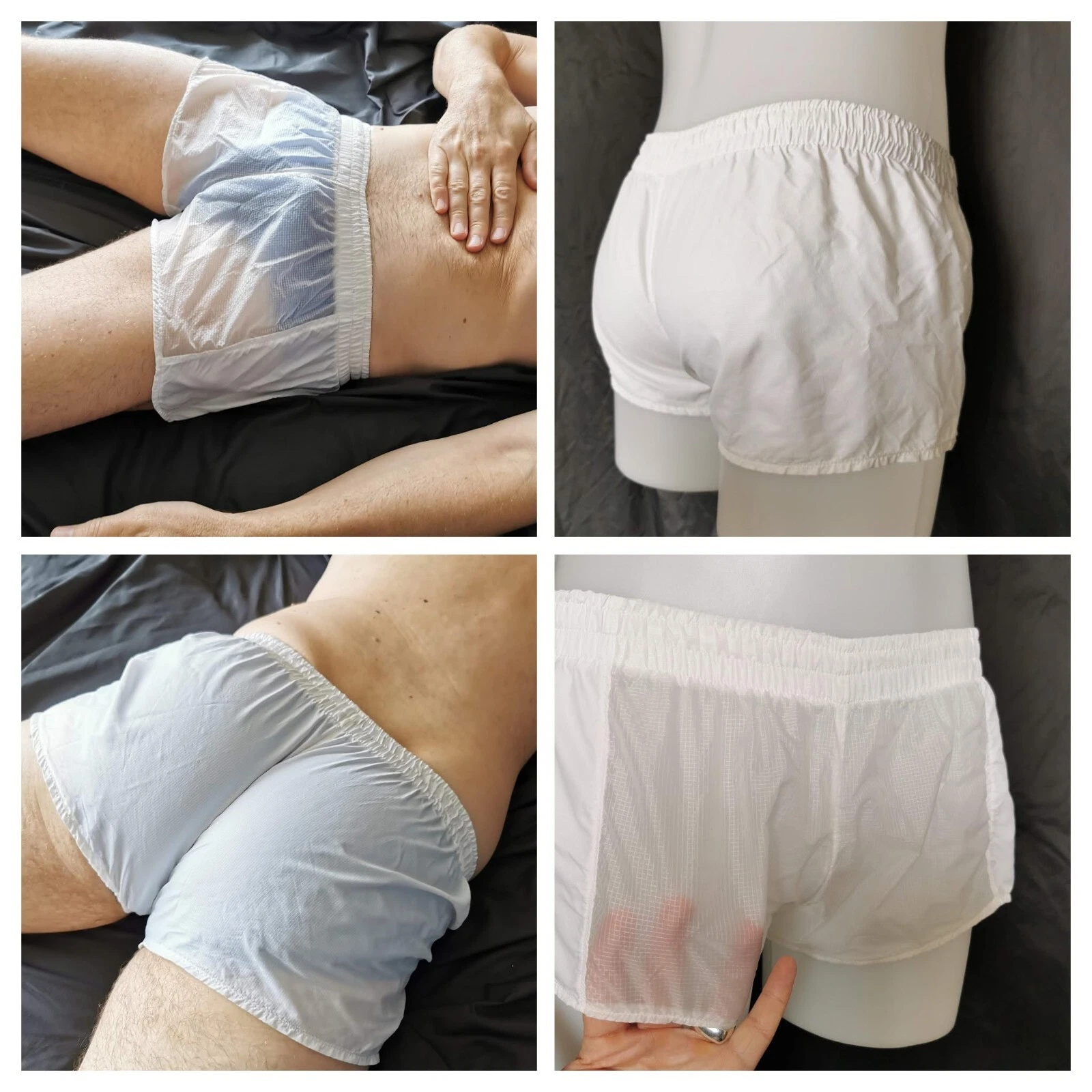 White ripstop nylon footy shorts with see-thru front panel (ALL SIZES XS > 3XL)