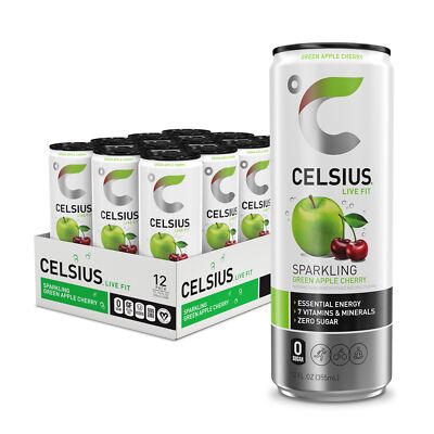 Celsius Green Apple Cherry Energy Drink 12oz Pack of 12 Zero Sugar Vegan