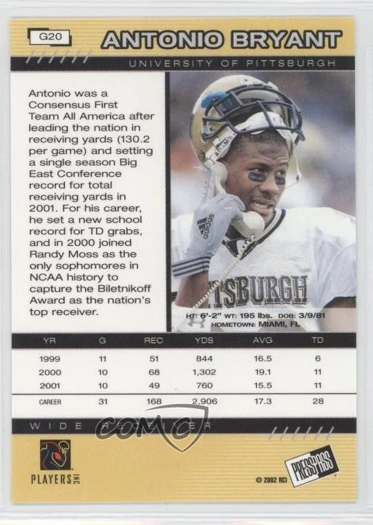 2002 Press Pass Gold Zone Antonio Bryant #G20 Rookie RC - Image 2 of 2